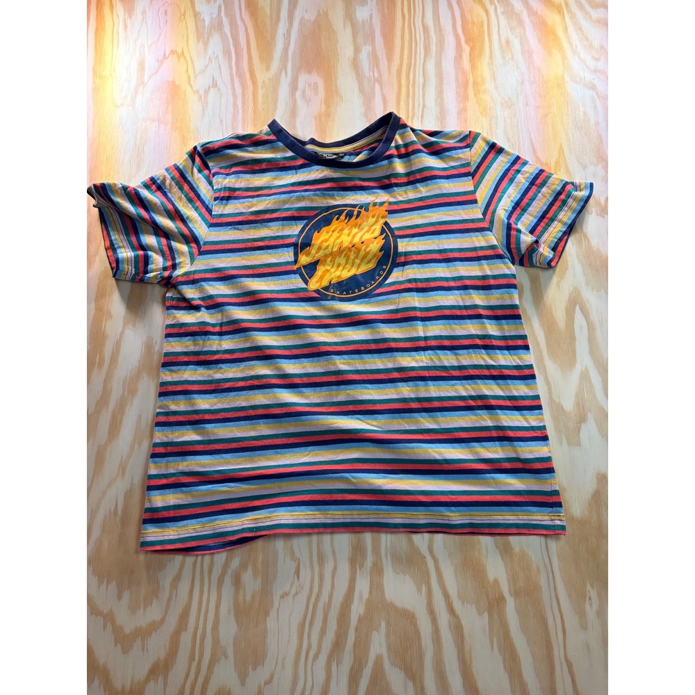 Santa Cruz Skateboards Mens Large Striped Flame Logo Graphic T-Shirt Multi Color